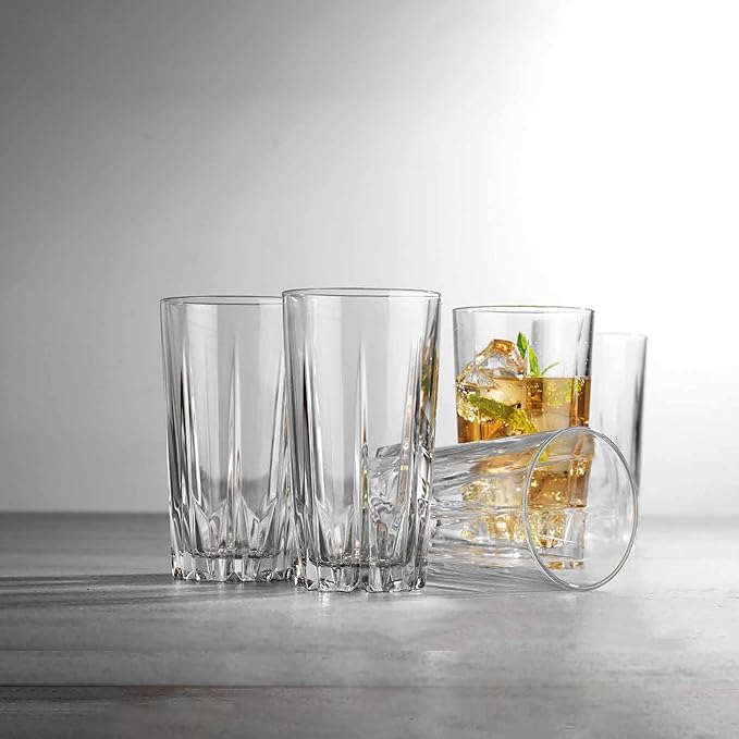Glaver's Highball Glass Cups. Set of 10 Elegant Diamond Cut Drinking Glasses. Classic 15 oz Bar Glasses. Tall Kitchen Glass for Water, Old Fashioned, Juice, Beer, Cocktails.