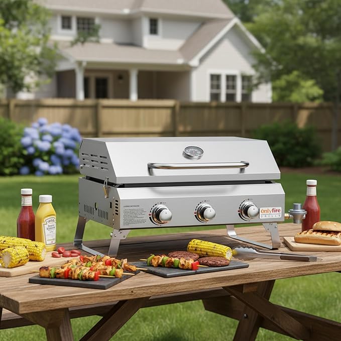 Tabletop Gas Griddle with Foldable Legs, Portable 3-Burner Propane Gas Grill Griddle Flat Top for Outdoor Cooking Patio Barbecue Camping Tailgating RV BBQ, Stainless Steel, #GS309