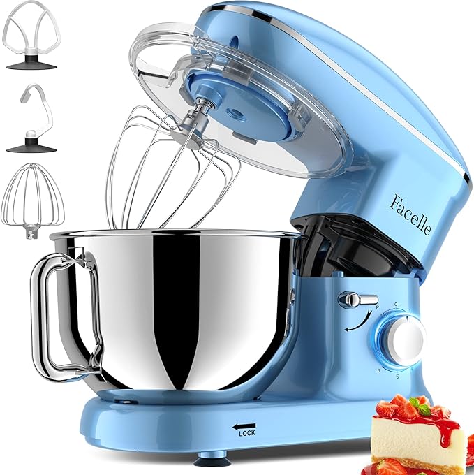 Facelle Stand Mixer, Electric Kitchen Mixer, 660W 6 Speed Tilt-Head stand mixer with Pulse, Attachments include 6.5QT Bowl, Dishwasher Safe Beater,Dough Hook,Whisk for Dough,Baking,Cakes,Cookie - Blue