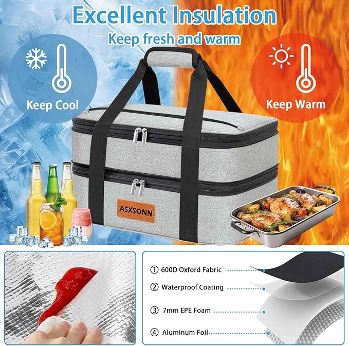 Double Decker Insulated Casserole Carrier for Hot or Cold Food, Expandable Insulated Food Carrier for Parties, Picnic, Beach, Fits 9"x13" Baking Dish (Grey)