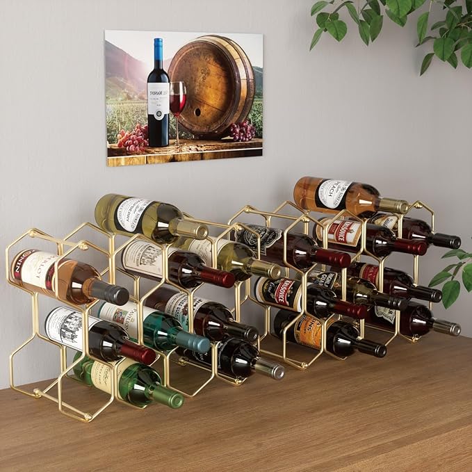 Buruis Countertop Wine Rack, 14-Bottle Modern Freestanding Metal Holder for Red and White Wine, Tabletop, Kitchen, Bar, and Cabinet Storage (Gold)