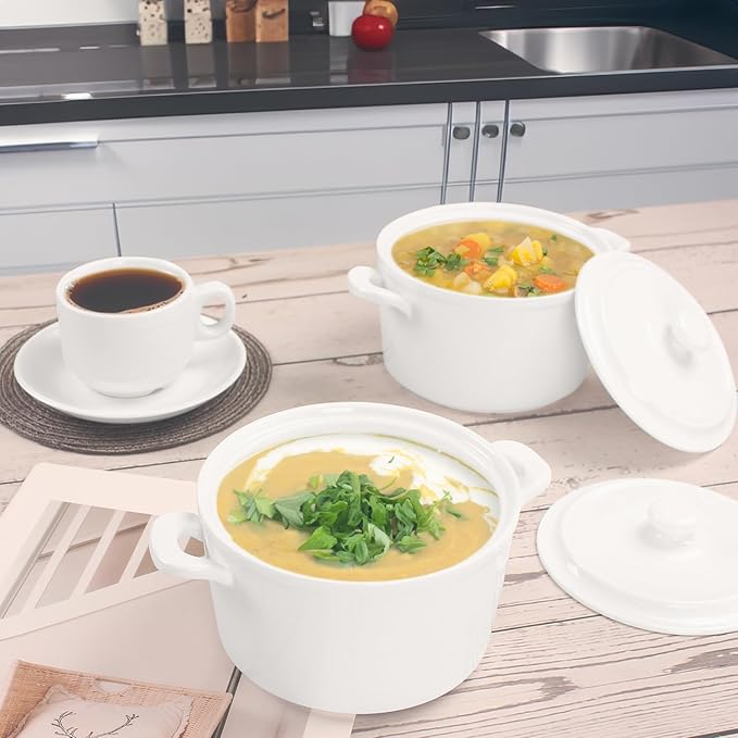 Mini Casserole Dish With Lids, Porcelain Baking Cocotte Set of 4, French Onion Soup 27 oz, Ramekins for Soup, Casseroles, Leftovers, Kitchen Cooking - Microwaves, Oven and Dishwasher Safe