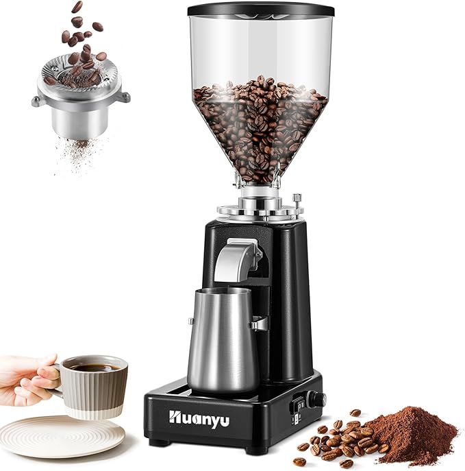 Huanyu Burr Coffee Grinder- Stainless Steel Flat Burr, 19 Precise Grind Settings, 35oz Capacity and Dual Dosing for Espresso, Hand Punch, French Press Black