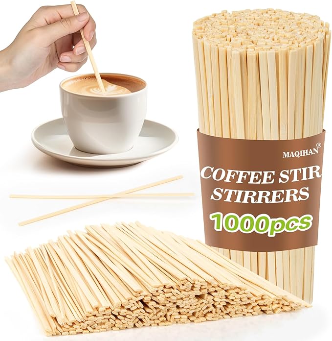 MAQIHAN 1000pcs Sip Stirrers - Bamboo Coffee Stir Sticks Disposable Hot Drink Beverage Stirring Swizzle Stir Sticks For Coffee，Milk, Juice, Cocktail, Chocolate, Suit For Party, Bar 5.5 Inch Square