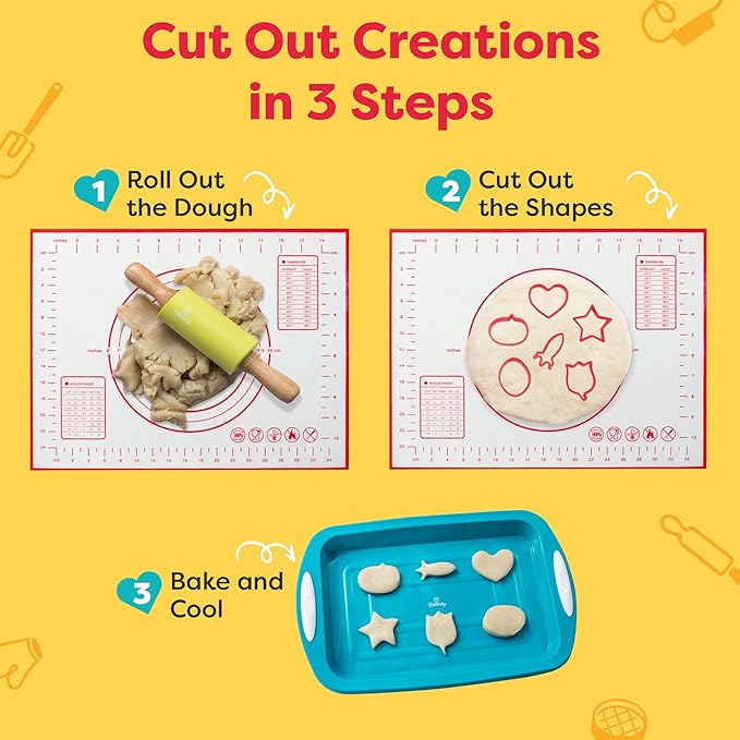 Baketivity Cookie Cutter Set for Kids, 24 Assorted Cookie Cutters of Basic Shapes, Seasonal, and Holiday Themes - with Rolling Pin, Silicone Baking Pan, and Non-Stick Baking Mat - BPA-Free - Ages 4+
