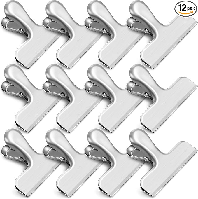 12 Pack Chip Clips, Stainless Steel Bag Clips Food Clip, Heavy Duty Bag Clip for Food Storage, Air Tight Seal Perfect for Kitchen Office Usage (Silver)