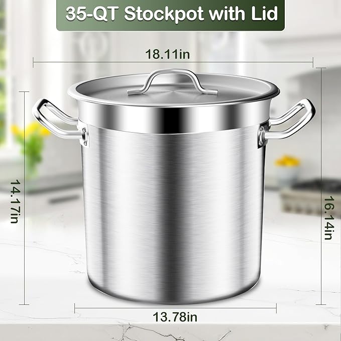 Large Stock Pot-35QT Stainless Steel Stockpot with Lid, Heavy Duty Tri-Ply Bottom Commercial Grade Stock Pot & Stockpots for Boiling Cooking Soup Stew Canning Cooking Pots, Cookware Sauce Pot