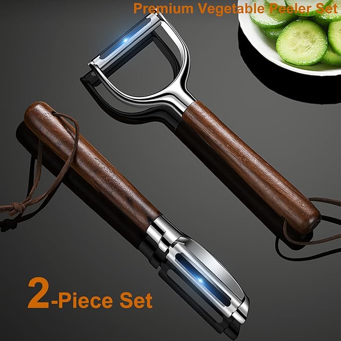 Premium Vegetable Peeler Set - Stainless Steel Y-shaped & I-shaped Peelers with Ergonomic Non-Slip Wood Handle and Hanging Loop for Fruits, Carrot,Veggie, Potatoes & Kitchen Use (2-Piece)