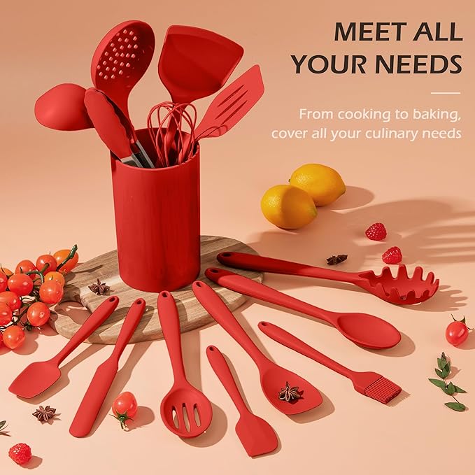 Kitchen Cooking Utensils Set with Holder, Homikit 15-Piece Silicone Spatula Set for Nonstick Cookware, 446°F Heat Resistant Spoon Turner Tong Whisk Brush for Cooking and Baking-Red