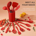 Kitchen Cooking Utensils Set with Holder, Homikit 15-Piece Silicone Spatula Set for Nonstick Cookware, 446°F Heat Resistant Spoon Turner Tong Whisk Brush for Cooking and Baking-Red