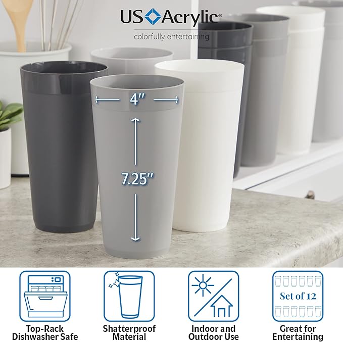 US Acrylic Newport 32 ounce Unbreakable Plastic Stackable Iced-Tea Tumblers in Grey Stone | Set of 12 Drinking Cups | Reusable, BPA-free, Made in the USA, Top-rack Dishwasher and Microwave Safe