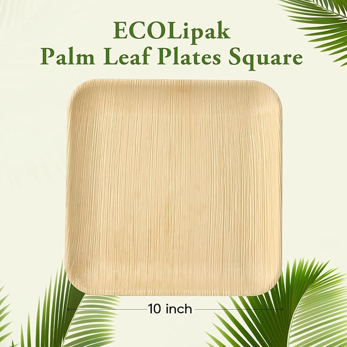 ECOLipak 10 Inch Compostable Palm Leaf Plate Like Bamboo Plate, 50 Pack Disposable Biodegradable Plates Suitable for Party, Dinner