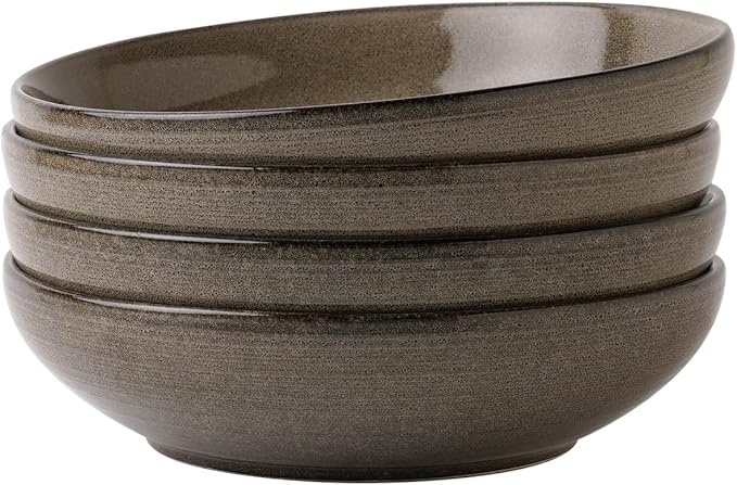 famiware Tempus Pasta Bowls Set of 4, 40 oz Bowls for Kitchen, Stoneware Deep Serving Bowls, Dishwasher & Microwave Safe Bowls for Cereal, Salad, Soup, Dessert etc - Dark Olive