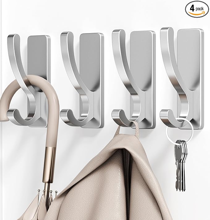 Adhesive Wall Hooks for Towels Coats - Stick On Hooks Hanging Heavy Duty (13lb), Metal Hook for Door, Bathroom, Dorm, Closet - Hanger for Purse, Bag, Robe,Backpack - No Damage to Wall - Silver 4 Pack