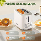 Toaster 2 Slice, Wide Slot for Toasting Bagel Muffin Waffle Gluten Free Breads, 7 Shade Settings, Defrost & Reheat, Stainless Steel, Easy Clean, White