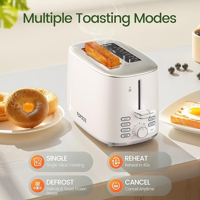 Toaster 2 Slice, Wide Slot for Toasting Bagel Muffin Waffle Gluten Free Breads, 7 Shade Settings, Defrost & Reheat, Stainless Steel, Easy Clean, White