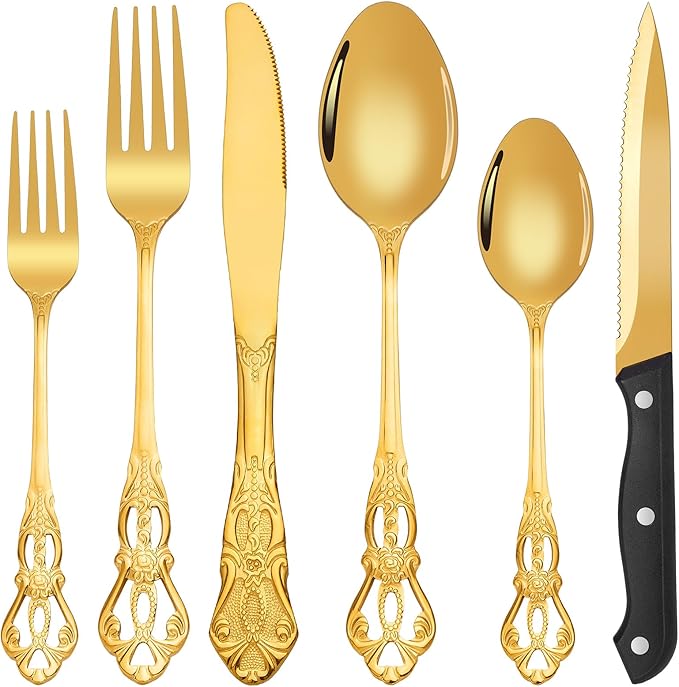 24 Pieces Gold Silverware Set for 4, Retro Royal Flatware Set with Steak Knives, Gorgeous Stainless Steel Cutlery Utensil Set Include Forks Spoons and Knives, Mirror Finish,Dishwasher Safe