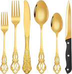 24 Pieces Gold Silverware Set for 4, Retro Royal Flatware Set with Steak Knives, Gorgeous Stainless Steel Cutlery Utensil Set Include Forks Spoons and Knives, Mirror Finish,Dishwasher Safe