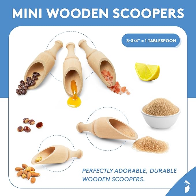 Small Wooden 1 Tablespoon Scoops for Food Canisters & Jars, Table Spoons Measuring Spoon, Wood Manuka Honey Bath Salts, & Coffee Scoop, Mini Candy Scoops for Candy Buffet, Pack of 10 by Woodpeckers