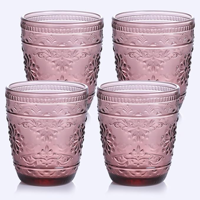 Purple Glassware set of 4, 10OZ Drinking Glasses, Purple Heavy Duty Glass Cups, Colored Glassware Set, Embossed Glasses Set for Party Wedding Home Office Gift