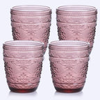 Purple Glassware set of 4, 10OZ Drinking Glasses, Purple Heavy Duty Glass Cups, Colored Glassware Set, Embossed Glasses Set for Party Wedding Home Office Gift