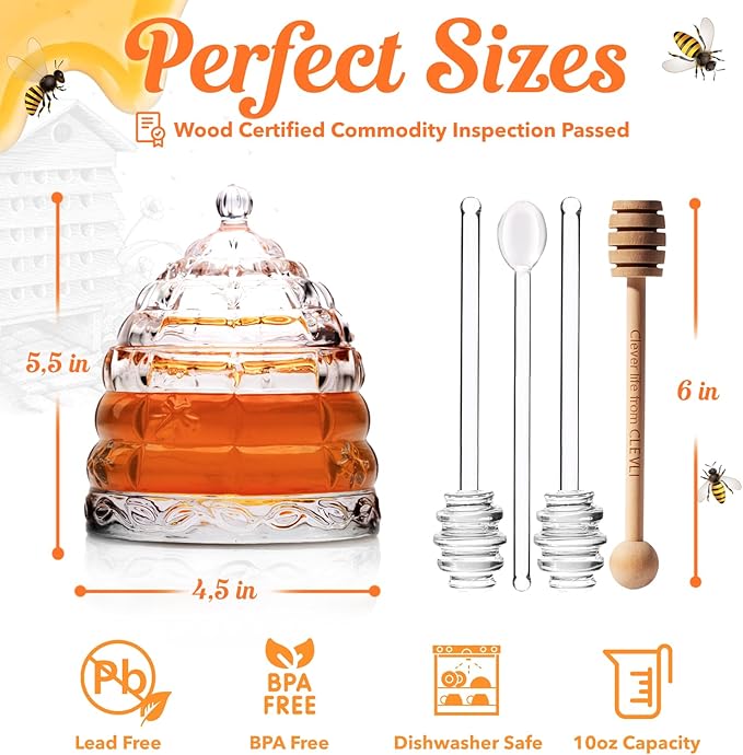 Elegant Glass "Crystal" Honey Jar with 2 Glass + 1 Wooden Dipper & 1 Clear Spoon | Beehive Design | 10 oz Container | Perfect for Sugar, Marmalade & Jam | Durable & Stylish Multipurpose Pot with Lid