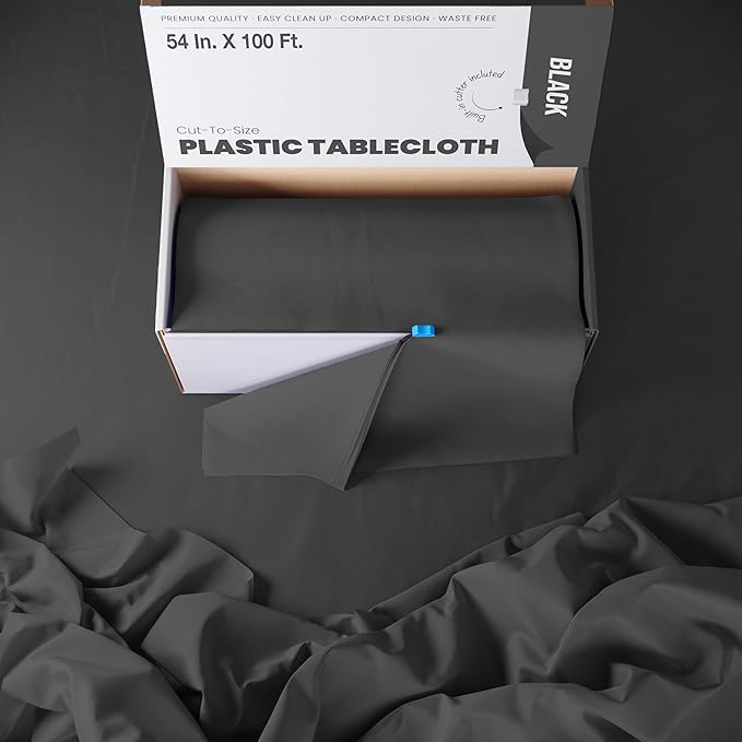 Exquisite Party Solids 54 Inch X 100 Feet Black Plastic Table Cover Roll in A Cut - to - Size Box with Convenient Slide Cutter. Cuts Up to 12 Rectangle 8 Feet Plastic Disposable Tablecloths