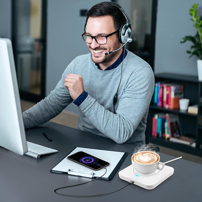USB Coffee Mug Warmer: Candle Wax Warmer Smart Electric Cup Warmer Charge for Phone Home Desk Office Use Beverage Heating Plate with Gravity Switch for Hot Cocoa Milk Tea Water White