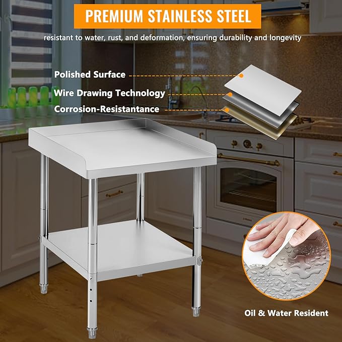 24x24x30 Inch Stainless Steel Equipment Grill Stand Table 400 Lbs Capacity NSF Certified with Adjustable Legs, 2" Edge Baffle, for Hotel, Home, Commercial Restaurant Kitchen