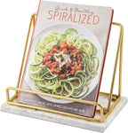 MyGift Modern Brass Metal Wire and White Marble Kitchen Cookbook Stand - Countertop Recipe Book and Tablet Holder - Handcrafted in India