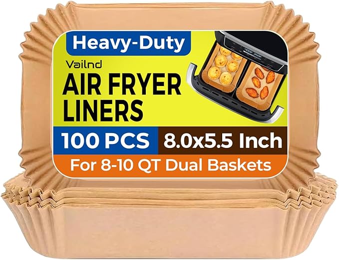 Vailnd Air Fryer Liners Disposable for Dual Basket, 100Pcs 8x5.5 Inch Rectangle Air Fryer Paper Liner for Ninja DZ201 DZ401, Chefman/COSORI 2-Basket Air Fryer, Oil Proof Parchment Paper