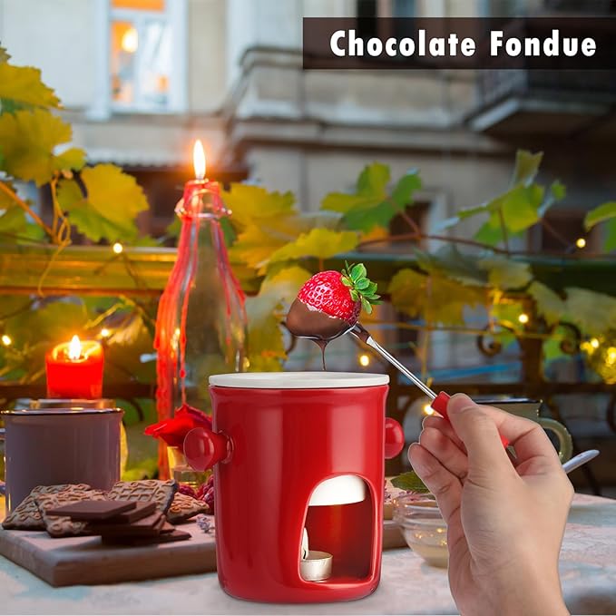 BSTKEY 280ML Ceramic Butter Warmer Set with 2 Forks, Fondue Pot Melting Pot Set, Melt Hot Pot Bowl Set for Cheese Chocolate Butter Caramel (Red)