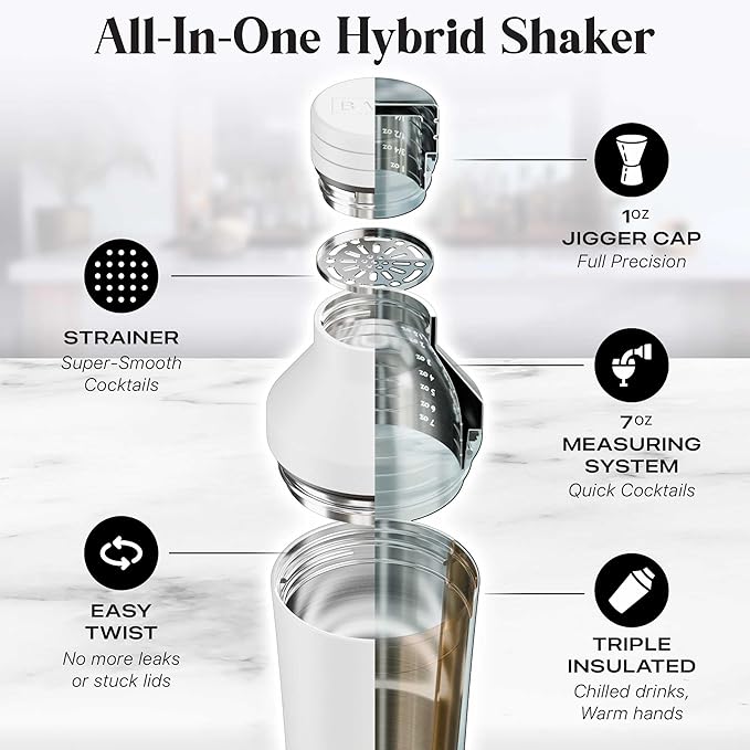 Insulated Cocktail Shaker Set | Double Wall Stainless Steel | Martini Shaker for Home Bar Bartending | Built-in Drink Measurement System & Strainer, Travel Bag, 35 Recipes | Gift Set (Matt White)