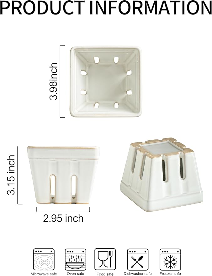 Gomakren Ceramic Berry Basket Set of 2, Square Fruit Bowl with Holes, Small Fruit Basket Containers for Kitchen Counter, Berries, Strawberry, Grape, Cherry, White