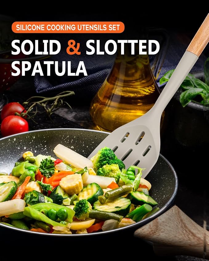 Pack of 2 Silicone Spatula, Non Stick Cooking Utensil Set Wooden Handle Kitchen Turner for Baking Mixing Grilling Serving Food Heat Resistant Non Scratch Hooks Included (Khaki)