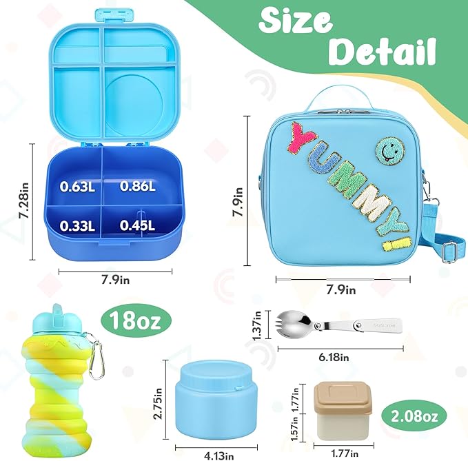 Kids Bento Lunch Box with 12oz Soup Thermo, Kids Leakproof Lunch Food Container with 4 Compartments, Insulated Lunch Bag & Water Cup for Girls Boys to School Travel