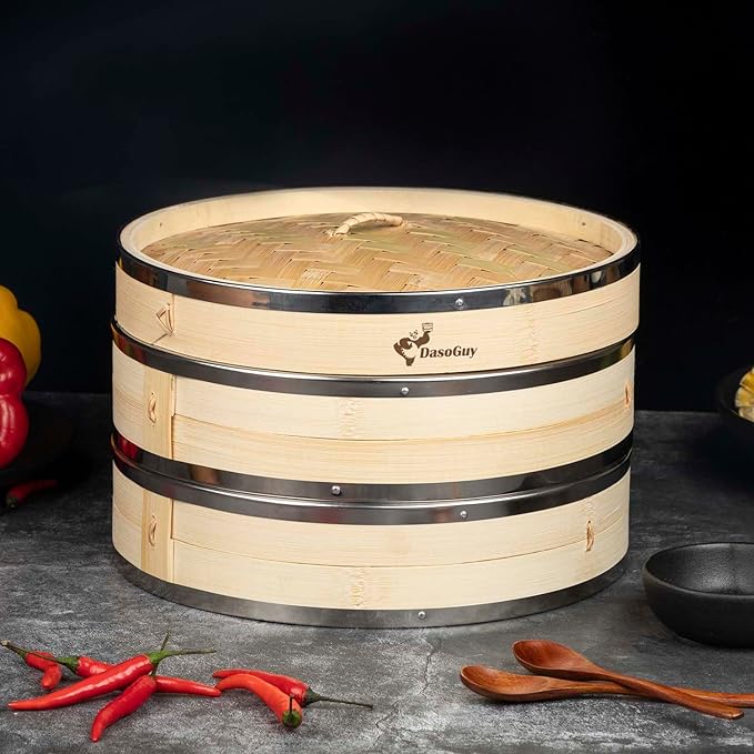 Bamboo Steamer Basket, Stainless Steel Reinforced Rim, 12-Inch 2-Tier Steamer for Cooking, 50 Liners Chopsticks Sauce Dish Dumpling Makers, Steaming Asian Food Bao Buns Dim Sum Rice Veggies Steam Pot