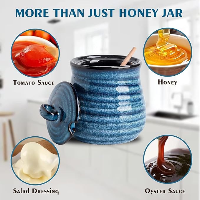 glowworm 12 Ounce Honey Pot, Honey Jars with Dipper, Ceramic Honey Dispenser for Home, Kitchen, Dishwasher Safe, Blue