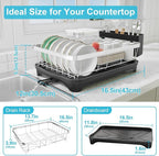 Dish Drying Rack 304 Stainless Steel Dish Rack with Drainboard,Space Spaving Auto-Draining Drying Racks for Kitchen Counter,Large Capacity Dish Racks for Bowls, Cups, Dish Drainer Black