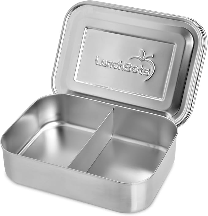 LunchBots Small Snack Packer Bento Box - Extra Small Divided Stainless Steel Snack Container - 2 Compartments for Fruits, Vegetables and Finger Foods - Dishwasher Safe – Stainless Lid