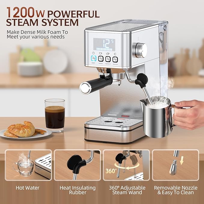 Espresso Machine 20 Bar, Stainless Compact Espresso Maker with Steam Milk Frother, 57.5OZ Water Tank, Touch Screen Indicator of Making Time, for Latte, Cappuccino, Silver (2025 updated model)