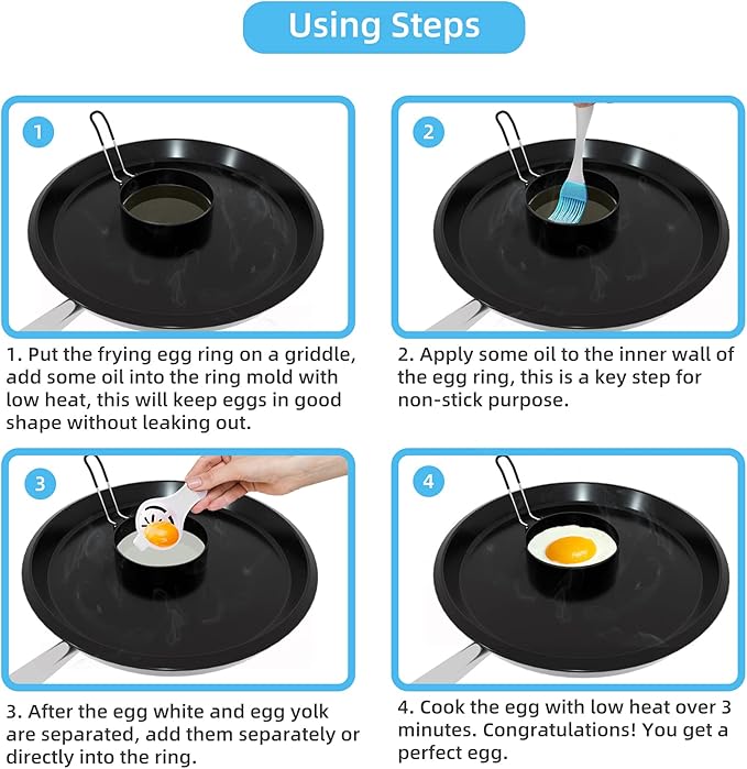 8" Omelet Ring, 6" Pancake Ring, 3.5" Egg Ring for Griddle Frying Eggs (Upgrade Large 3 Pack Stainless Steel Non Stick Round Cooking Rings Molds with Oil Brush and Egg Separator)