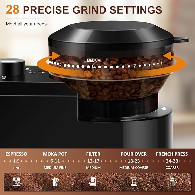 Electric Burr Coffee Grinder,Adjustable coffee grinder with 28 Precise Grind Setting for French Press, Drip Coffee and Espresso,12 Cups, Black