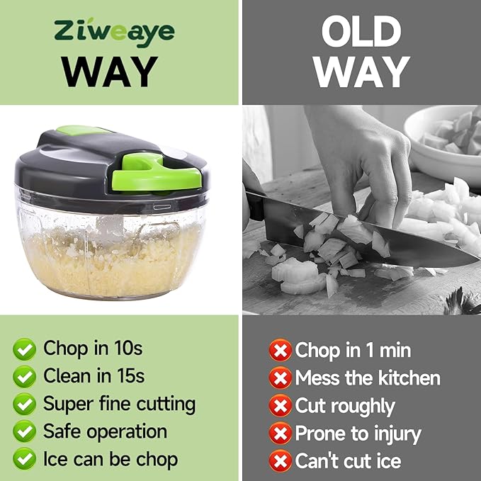 Manual Food Processor Vegetable Chopper, Portable Hand Pull String Garlic Mincer Onion Cutter for Veggies, Ginger, Fruits, Nuts, Herbs, etc., 500ml,（Gray-green）