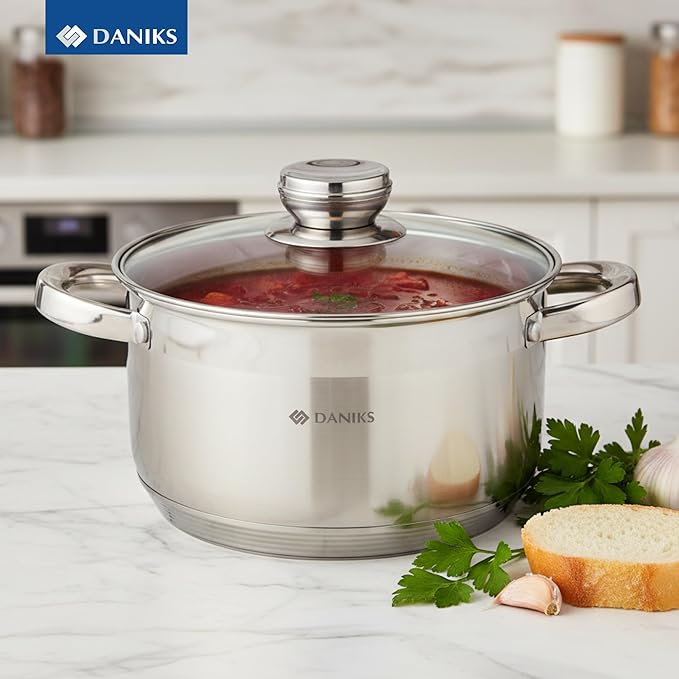 Daniks Standard Stainless Steel Stock Pot with Glass Lid – Induction 4 Quart, Dishwasher Safe, Measuring Scale, For Soup, Pasta, Stew, Silver