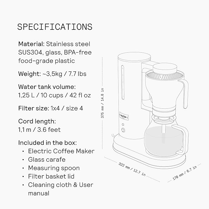 aarke Coffee Maker - Electric 10 Cup / 42 fl oz Drip Brewer with Automatic Drip-Stop, Glass Carafe, Brews Full Pot in Under 6 Minutes, SCA certified, Matte Black