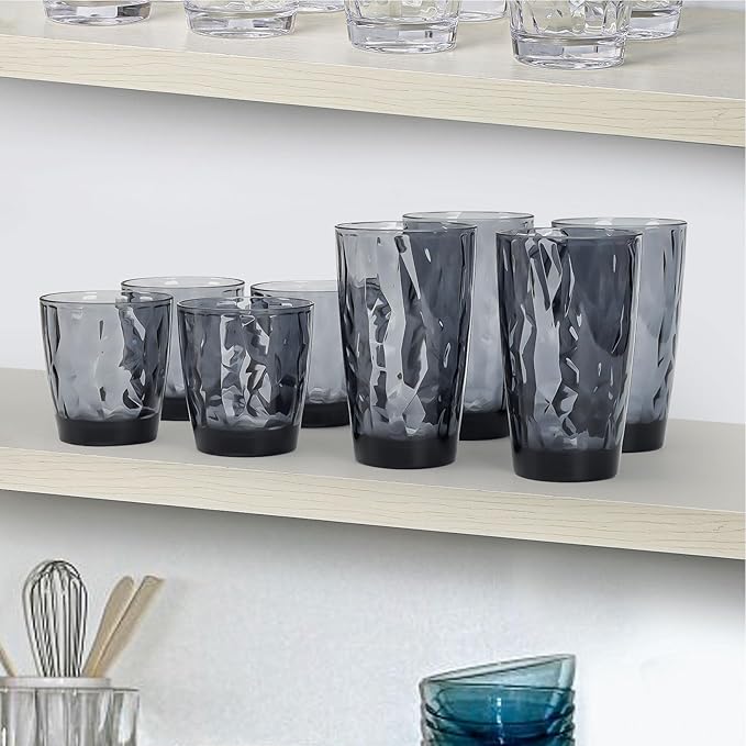 Topsky Plastic Tumblers Reusable,Shatter Proof Cups Drinking Glasses,Unbreakable Plastic Tumblers Beverage Acrylic Juice Wine Cups for Home Picnic Party,Dishwasher Safe,Stackable|10-oz&16-oz|Gray