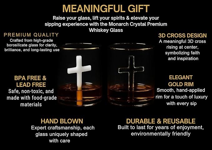 Crucifix Whiskey Glass – Premium Christian Cross Religious Glass, Old Fashioned Glass, Liquor – Luxurious Gold Rim – Home Bar Accessories Ideal for Man Cave, Fun Gift, Christian Gift, Religious Gift