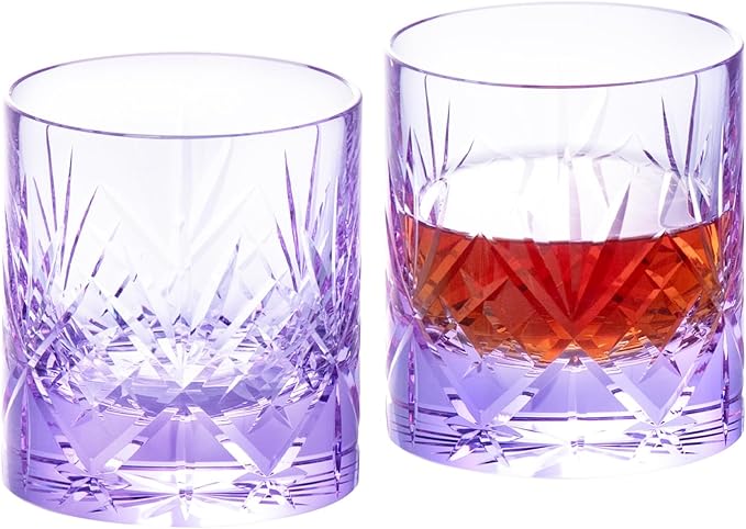 KAMMAK Crystal Whiskey Glasses Set, 8.12 oz (240 ml) Purple Old Fashioned Tumbler, Hand Blown Thick Base Colored Glass with Delicate Rim & Seamless Design for Scotch, Bourbon, Cocktails