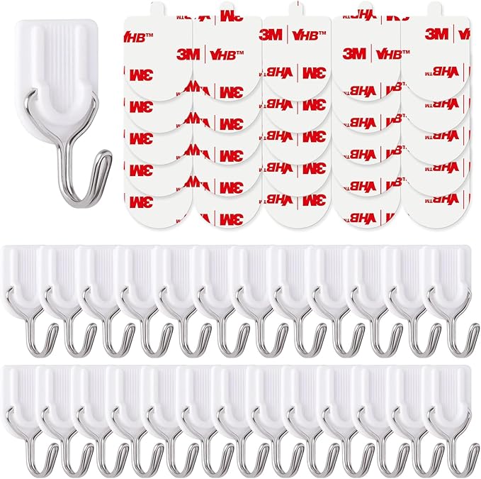 25 Wire Hooks for Hanging Heavy Duty with Strips no Damage,Adhesive Wall Hook Small, removalbe Large Sticky Bulk, for Key, Coat, Towel, Outdoor, hat